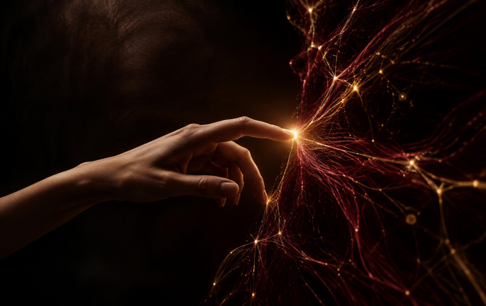 A human hand reaching into a glowing golden network of light